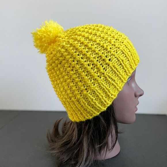 Handmade Knit Pom Pom Hat Yellow - Picture 1 of 7